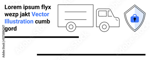 Delivery truck beside shield with lock highlights secure shipping, data protection, cybersecurity, e-commerce, reliability, logistics, and privacy. Ideal for logistics services flat landing page