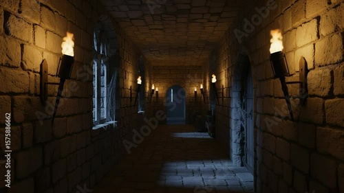 Moving Through a Dark Medieval Castle Corridor Lit by Flickering Torchlight