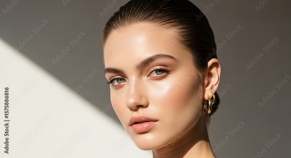 Naklejka premium Portrait of a clean girl aesthetic young woman with glowing natural skin, slicked-back hair, minimal makeup, gold hoop earrings, wearing a neutral-toned outfit in soft daylight, calm and elegant backg