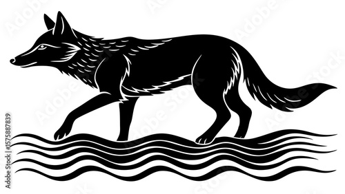 Black coyote walking through wavy water silhouette vector illustration animal wildlife