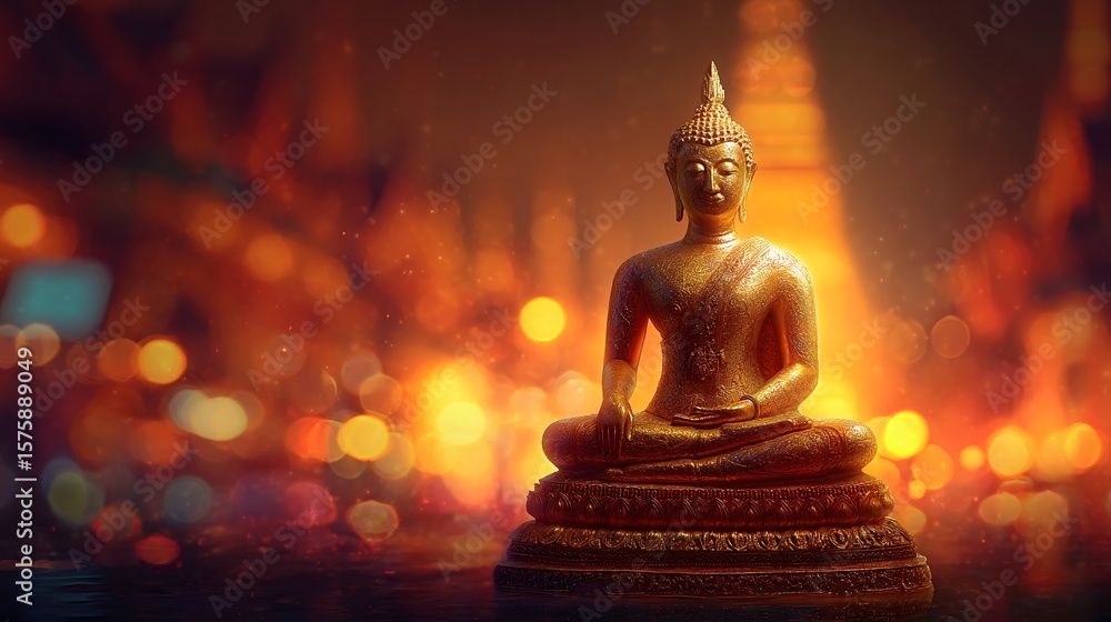 Golden buddha statue illuminated by a soft glowing aura in a dark room creating a serene atmosphere Golden buddha statue illuminated by a soft glowing aura in a dark room creating a serene atmosphere