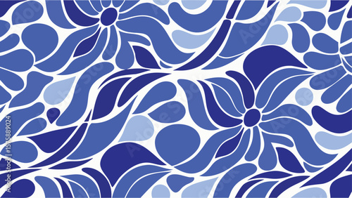 A seamless pattern of stylized blue flowers and teardrop shapes on a white background design element