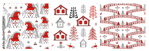 Historical folk patterns set collection. Animalistic primitive flat red black pattern on white background. Traditional slavic cultural drawing of the nation of slavs of russia