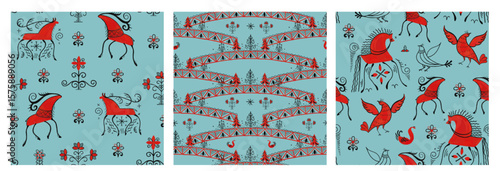 Historical folk patterns set collection. Animalistic primitive flat red black pattern on blue background. Traditional slavic cultural drawing of the nation of slavs of russia