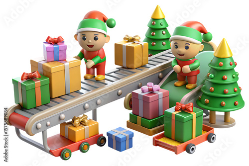 Christmas Elves with Gifts on Conveyor Belt and Christmas Trees isolated on a transparent background