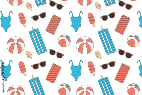 Summer vibe pattern featuring swimsuits, sunglasses, popsicles, beach balls, and towels on a white background for design.