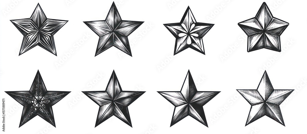 Obraz premium Artistic star shapes with varying designs rendered in monochrome style illustration