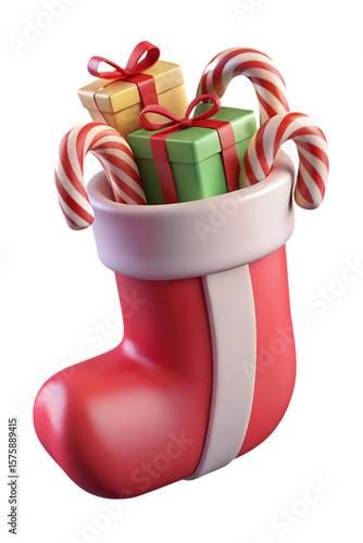 Christmas stocking with gifts and candy canes isolated on a transparent background