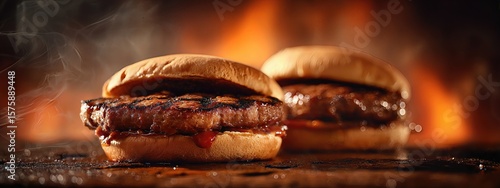 juicy grilled steaks burgers ( served in a bun ) . aspect ratio 8:3