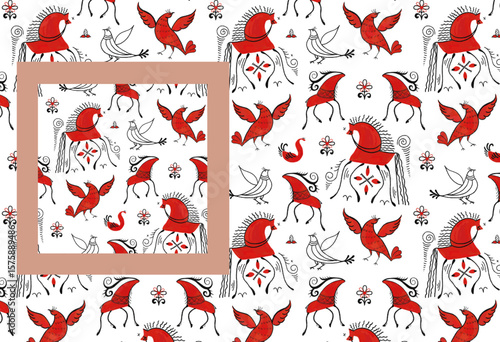 Historical folk pattern. Animalistic primitive flat red black pattern on white background. Traditional slavic cultural drawing of the nation of slavs of russia