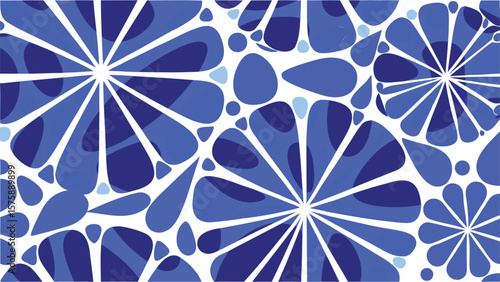Abstract blue and white floral pattern with petal shapes and radiating lines design element artwork