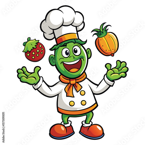 Cartoon green chef character juggling fruit