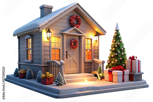 Festive Christmas cottage with wreath tree gifts and warm... isolated on a transparent background