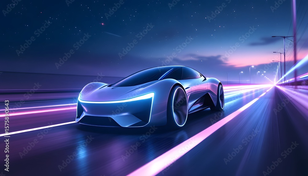 Naklejka premium Futuristic Car Speeding on Highway at Night