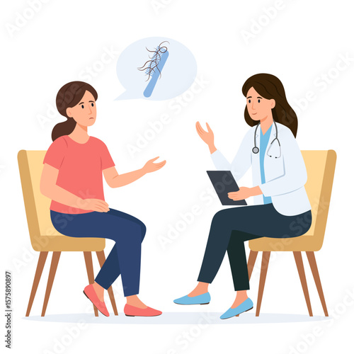 WConsultation with a trichologist.Alopecia and hair problems, baldness. Woman feeling upset because of hair loss.Vector Illustration