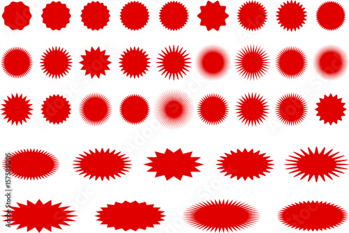 red starburst. Sale sticker sign. Special offer price tag. sunburst badges icons. Red starburst promotional badge set. shopping label
