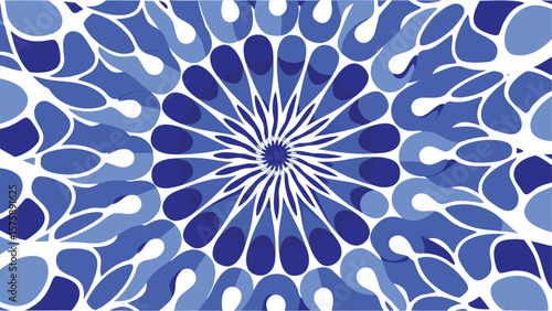 A blue and white kaleidoscope pattern with teardrop shapes radiating from the center design element