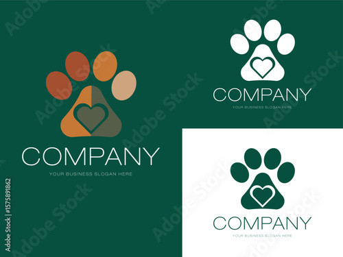 Fotografija Animal Paw Logo Design Set: Three different animal paw logo concepts with heart shapes in negative space within the paw print
