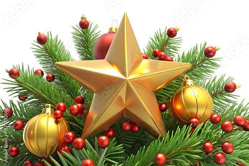 Gold star Christmas ornaments and red berries on green... isolated on a transparent background