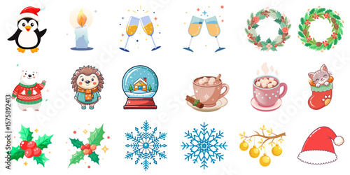 Christmas and New Year set vector icons - penguin, polar bear, wreath, candle, snow globe, hot chocolate, and ornaments. Perfect for holiday cards, packaging, and seasonal marketing.