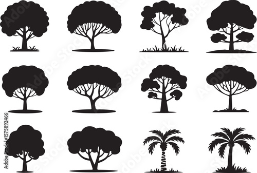 "Set of 12 Black Tree Silhouettes – Nature and Forest Icons Collection"