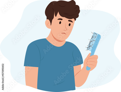 Man feeling upset because of hair loss.Guy holding a comb with a strand of hair. Vector illustration
