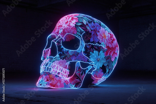 Colorful floral skull sculpture illuminated in vibrant neon colors inside a dark space