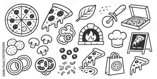 Pizza doodle icon set. Cute hand drawn sketch illustrations of slice, pepperoni, tomato, cheese, mushroom, oven. Black and white cartoon art for fast food. Vintage marker drawing collection.
