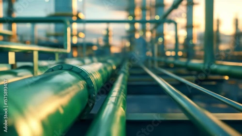 Oil refinery at sunset with green pipes connecting industrial plant structure. Petroleum factory equipment for energy. Footage.