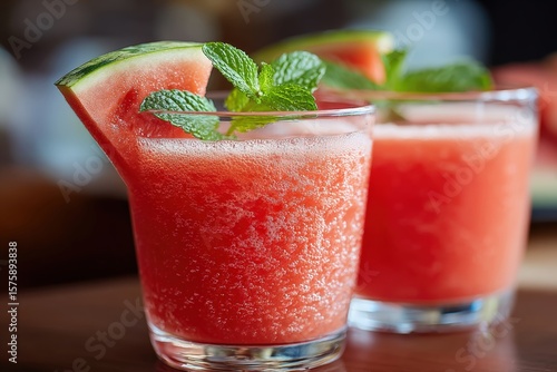 Wallpaper Mural Two glasses of refreshing guava juice are garnished with watermelon slices and mint leaves, creating a vibrant and flavorful summer beverage Torontodigital.ca