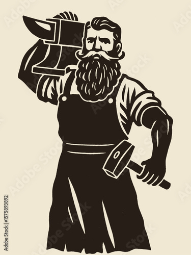 Blacksmith with hammer and anvil retro engraving vector illustration

