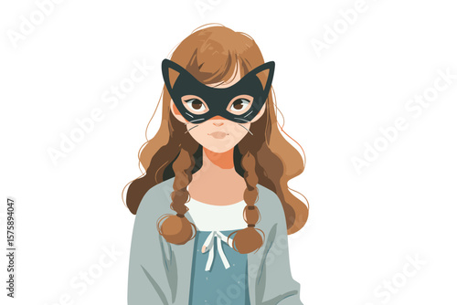 A girl teenager quadrober wearing a crafty cat mask. Vector Illustration.