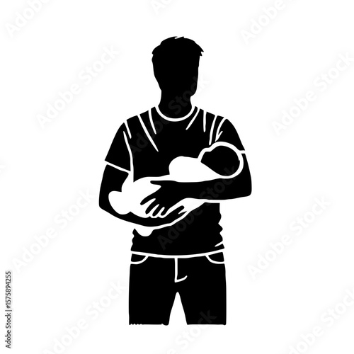 Vector black silhouette of man holding baby carefully in arms. Baby cradled gently symbolizes parental love, warmth, and connection between father and child.