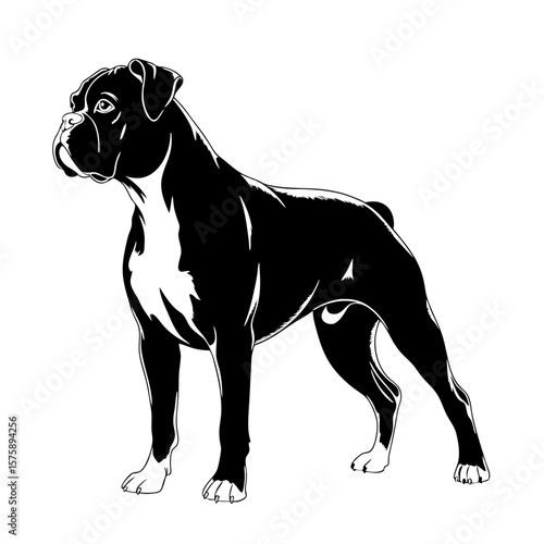 Illustration of a sleek, elegant Boxer dog, standing confidently. Boxer dog art features distinctive markings, muscular build, and expressive face.