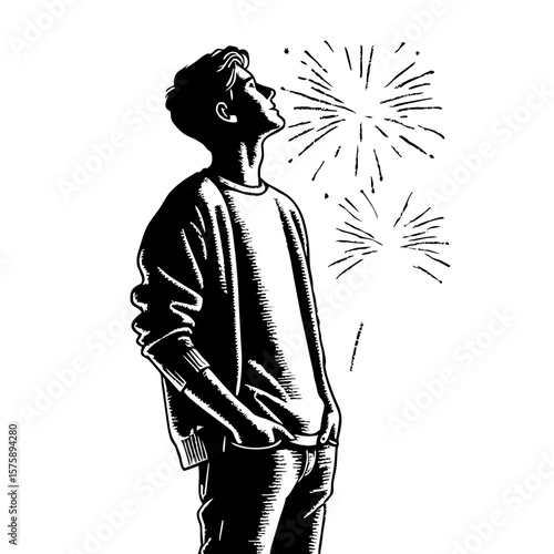 Fireworks illustration shows young man looking up at fireworks display, celebrating outdoors with fireworks.