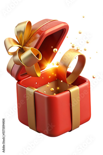 Red gift box with gold bow and ribbon with floating golden... isolated on a transparent background