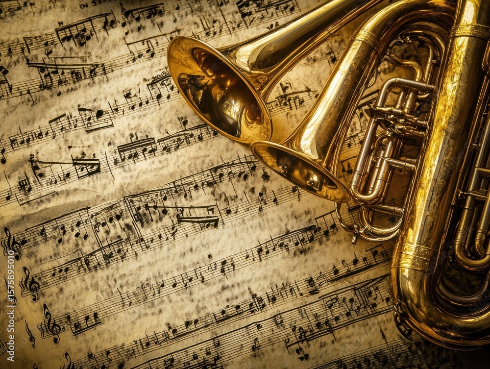 Naklejka premium A collection of brass instruments, including tubas, lies atop aged sheet music, creating a timeless atmosphere of musical creativity and history. The warm tones enhance the nostalgic feel.