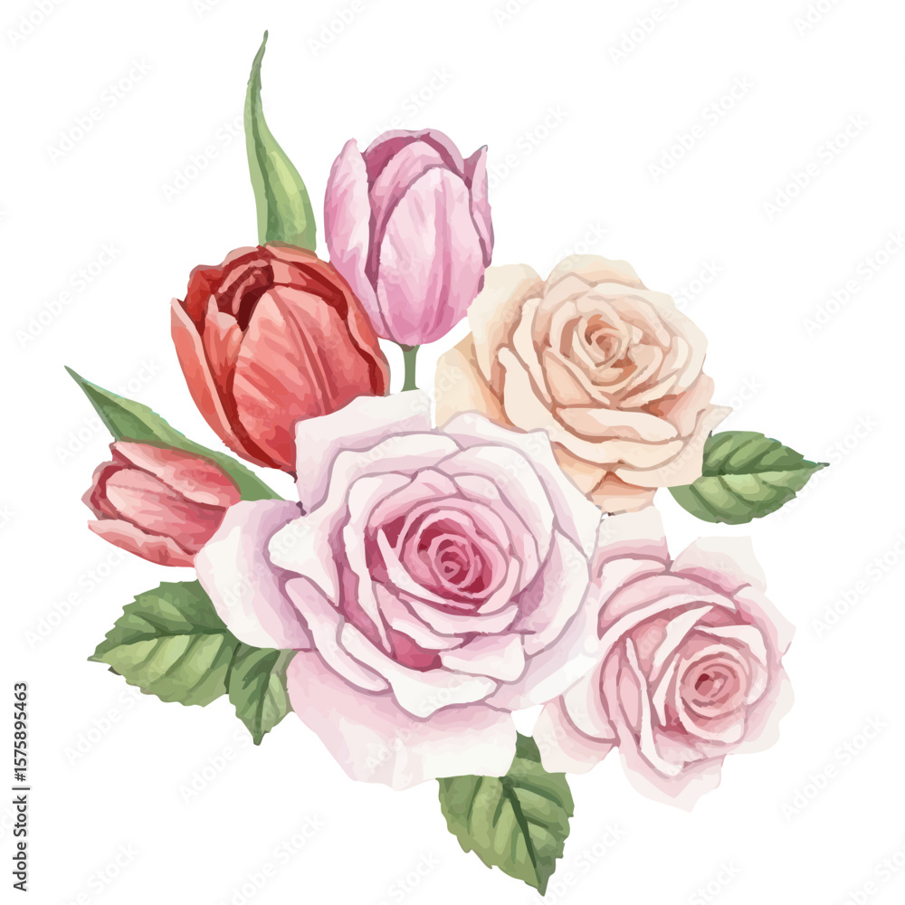 Naklejka premium A beautiful watercolor bouquet of roses and tulips on a transparent background
