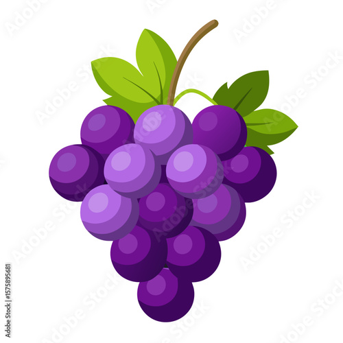 A purple grape with a green leaf on top. The grape is surrounded by other purple grapes. The image has a bright and cheerful mood