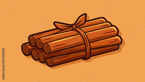 A bundle of cinnamon sticks tied together. The cinnamon sticks are brown and curled. The bundle is on a light orange background