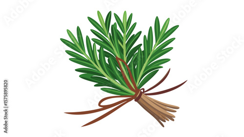 A bunch of green herbs are tied together with a ribbon. The herbs are fresh and vibrant, and the ribbon adds a touch of elegance to the arrangement. Concept of freshness and natural beauty