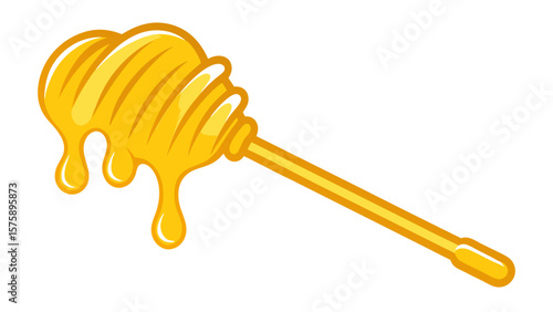 A honey stick with honey dripping from it. The honey is golden and the stick is yellow. The honey is dripping down the side of the stick, creating a sense of movement and freshness
