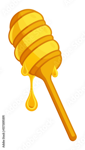 A honey stick with honey dripping from it. The honey is golden and the stick is yellow. The honey is dripping down the side of the stick, creating a sense of movement and freshness