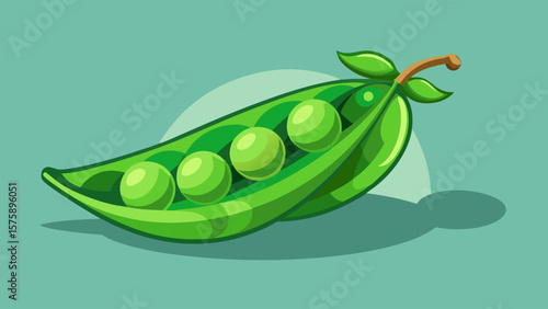 A close up of a green pea pod with green leaves and green peas inside. The peas are small and green, and the pod is slightly curved. Concept of freshness and health, as peas are a nutritious vegetable