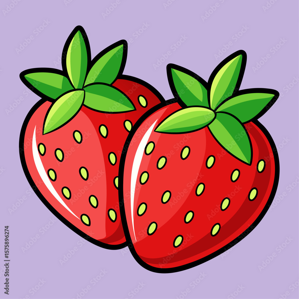 Obraz premium Two red strawberries with green leaves. The strawberries are placed close to each other. The image has a bright and cheerful mood