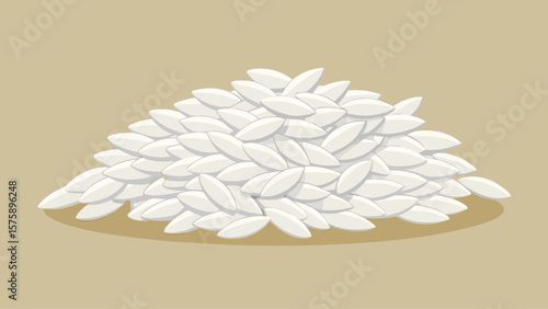 A pile of white rice grains on a brown surface. The rice grains are piled up in a heap, and the pile is quite large. Concept of abundance and abundance of rice