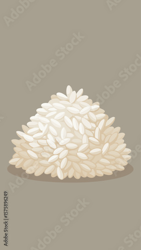 A pile of white rice grains on a brown surface. The rice grains are piled up in a heap, and the pile is quite large. Concept of abundance and abundance of rice