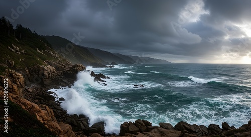 Stormy Waves Crashing Against Rugged Ocean Cliffs