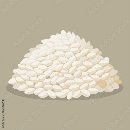 A pile of white rice grains on a brown surface. The rice grains are piled up in a heap, and the pile is quite large. Concept of abundance and abundance of rice