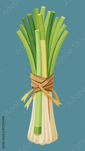 A bunch of green herbs are tied together. The herbs are fresh and green, and they are arranged in a neat bundle. The bundle is tied with a string, which gives it a rustic and natural look